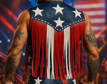 American Flag Leather Fringe Vest: Unisex Cowboy Festival Wear