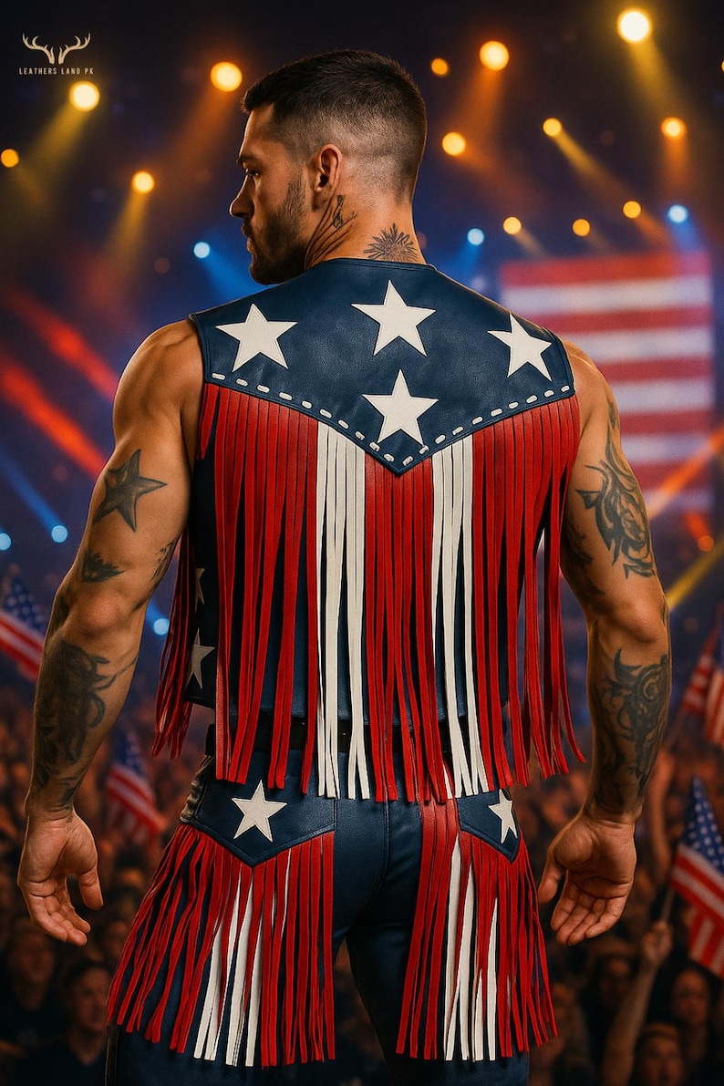 May include: A red, white, and blue leather vest and shorts set with a star design. The vest has a blue yoke with white stars and red and white fringe. The shorts have matching star details and fringe. The outfit is reminiscent of the American flag.