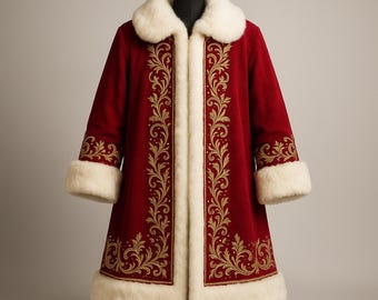 Luxury Santa Claus Coat – Handmade Red Velvet Christmas Robe with Gold Embroidery & Faux Fur Trim | Premium Holiday Costume | Christmas Gift