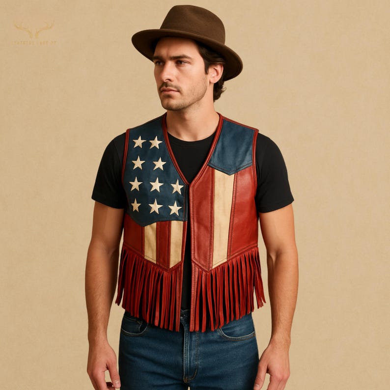 Vintage American unisex Leather Fringe Vest, Independance Day, Patriotic Western Biker Vest, USA theme Cowboy Festival Vest, Rodeo, Handmade