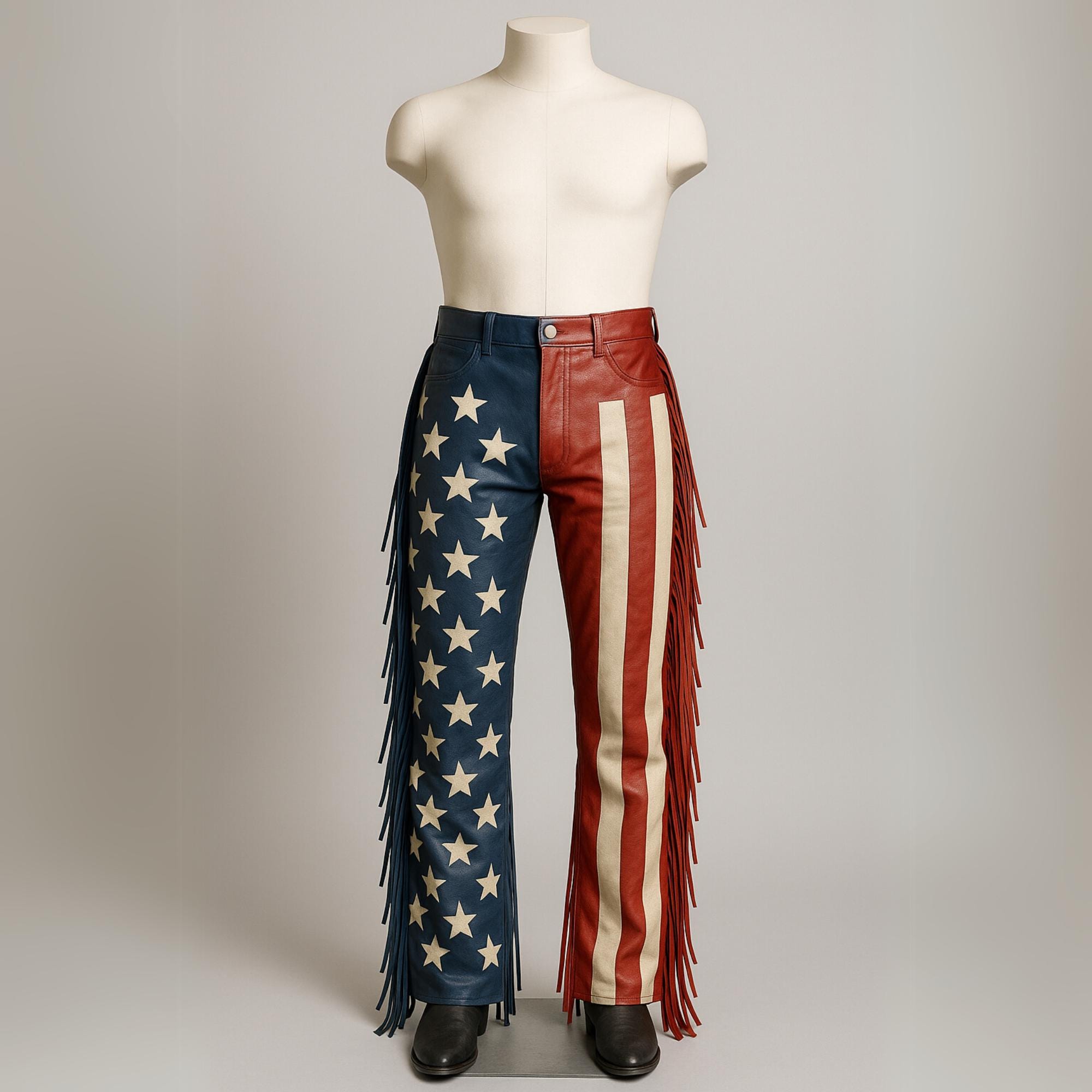 American Flag Leather Fringe Pants: Patriotic Cowboy Rodeo Unisex