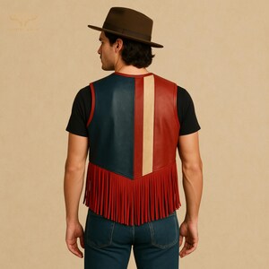 Vintage American unisex Leather Fringe Vest, Independance Day, Patriotic Western Biker Vest, USA theme Cowboy Festival Vest, Rodeo, Handmade
