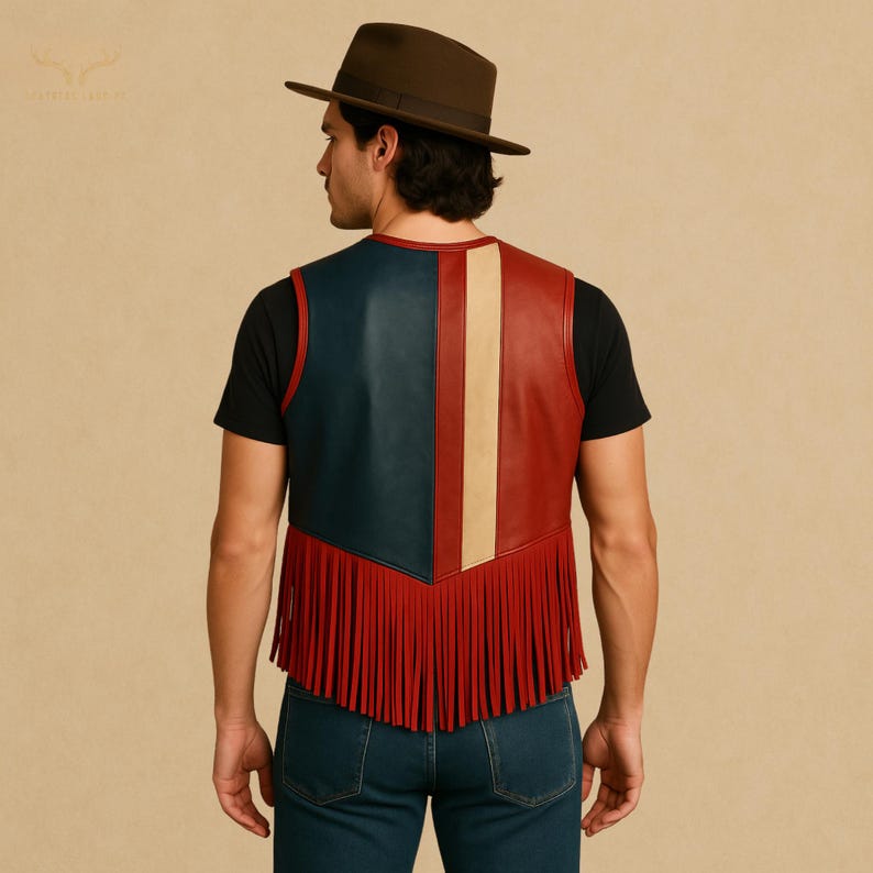 Vintage American unisex Leather Fringe Vest, Independance Day, Patriotic Western Biker Vest, USA theme Cowboy Festival Vest, Rodeo, Handmade