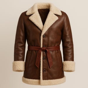 May include: A brown leather coat with a cream-colored shearling lining and trim. The coat features a belted waist, button closure, and shearling cuffs. The coat is a classic outerwear piece.