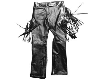 High Waist Lamb Leather Fringe Pants - Buckle Belt