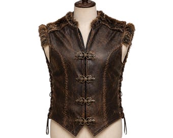 Handmade Viking Leather Vest with Fur Trim | Norse Warrior Medieval Armor Costume