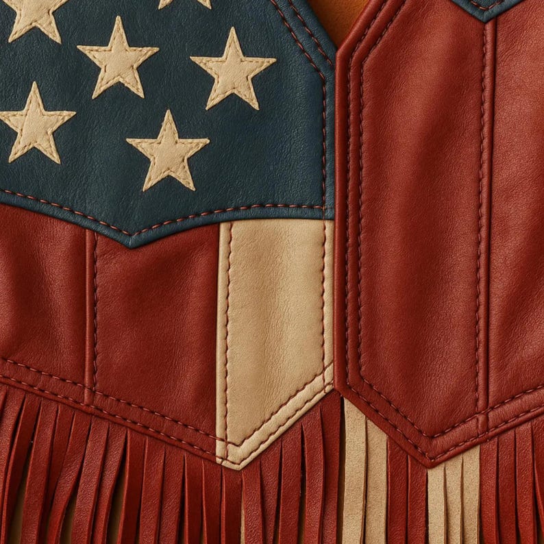 Vintage American unisex Leather Fringe Vest, Independance Day, Patriotic Western Biker Vest, USA theme Cowboy Festival Vest, Rodeo, Handmade