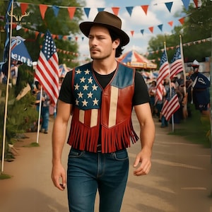 Vintage American unisex Leather Fringe Vest, Independance Day, Patriotic Western Biker Vest, USA theme Cowboy Festival Vest, Rodeo, Handmade