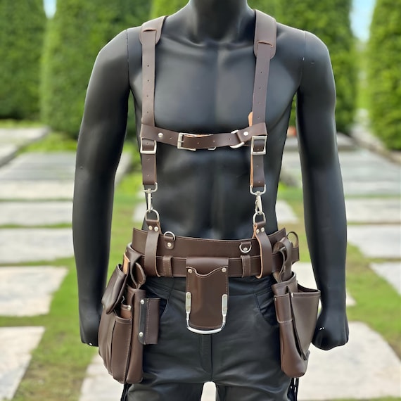 Premium Leather Tool Belt with Suspenders | Heavy Duty Carpenter Rig | Electrician Work Belt | Adjustable Construction Tool Pouch