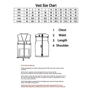 May include: A vest size chart with measurements in inches for chest, waist, length, and shoulder. The chart includes sizes XS to 6XL. Diagrams illustrate how to measure the vest for chest, waist, length, and shoulder.