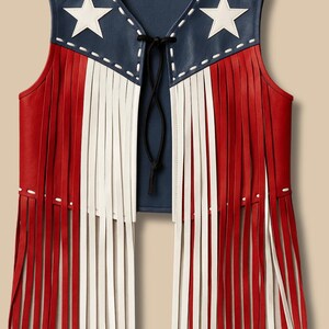 Customized American Flag Leather Fringe Vest, USA theme Cowboy Festival Vest, Patriotic Festival Wear, Unisex Western Biker Leather Vest