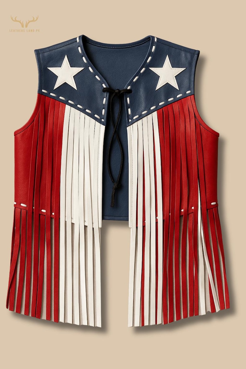 Customized American Flag Leather Fringe Vest, USA theme Cowboy Festival Vest, Patriotic Festival Wear, Unisex Western Biker Leather Vest