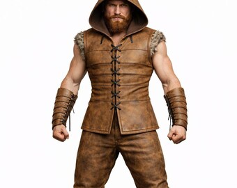 Viking Leather Armor Set, Hooded Vest, Pants Costume, Norse Warrior Cosplay