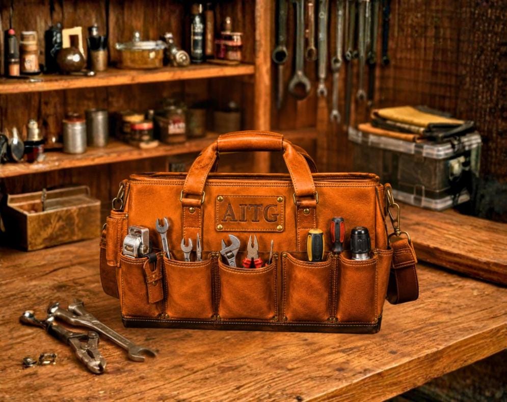 Full Grain Leather Tool Bag, Custom Tradesman Tote for Carpenter & Electrician
