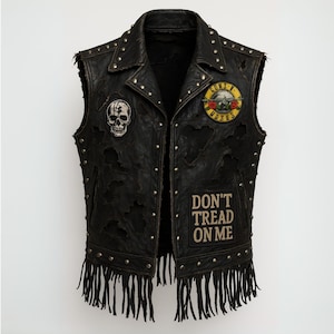 Handmade Leather Fringe Biker Vest: USA Rocker Skull, Unisex