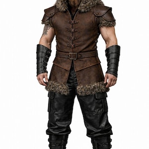 May include: A brown leather vest with fur trim and a matching belt, worn with black leather trousers and boots. The vest features a button-up front and shoulder pads. The outfit evokes a warrior or historical character.