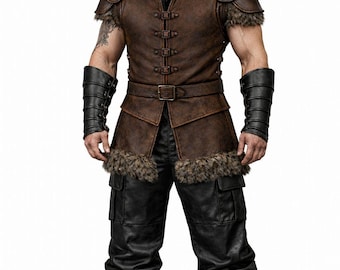 Viking Leather Vest with Fur | Handcrafted Medieval Pirate Vest | Viking Costume, LARP Outfit, Renaissance Fair Armor, Cosplay Costume