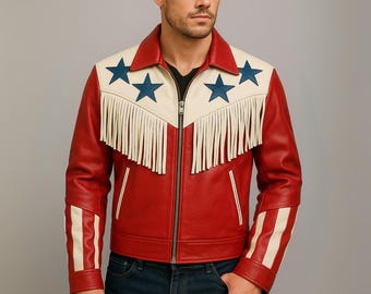 American Flag Fringe Leather Jacket: Western Rodeo Cowboy Concert Coat