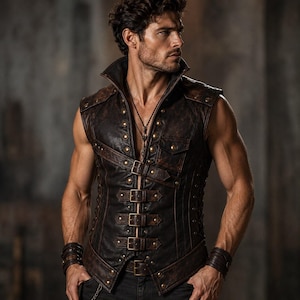 Men's Genuine Leather Corset Vest, Steampunk Gothic Waistcoat, Medieval LARP Sleeveless Jerkin