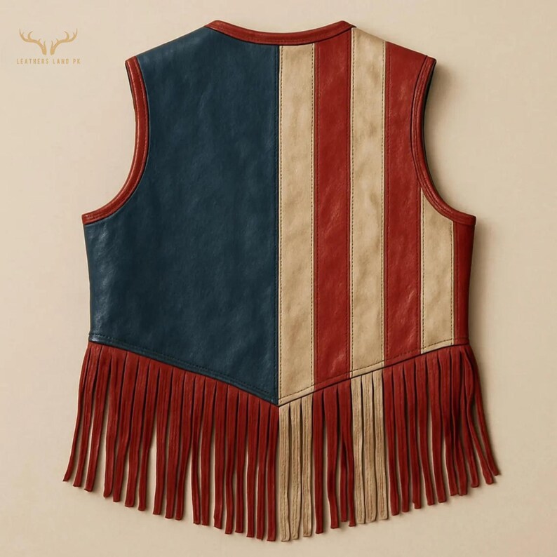 Vintage American unisex Leather Fringe Vest, Independance Day, Patriotic Western Biker Vest, USA theme Cowboy Festival Vest, Rodeo, Handmade