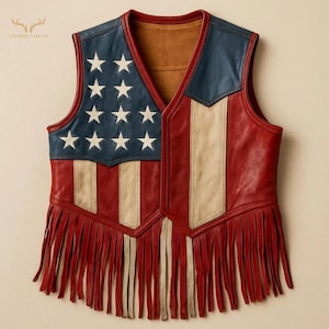 Vintage American Flag Leather Fringe Vest: Patriotic Biker Rodeo Vest