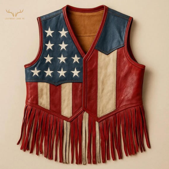 Handmade American Flag Leather Fringe Vest, Patriotic Biker Rodeo Vest