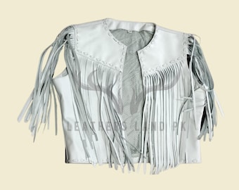Handmade White Leather Fringe Vest, Vintage Cowgirl Boho