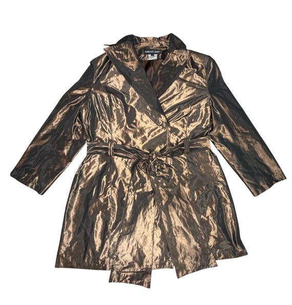 Vtg 90s Adrienne Landau Brown Iridescent Double Breasted Trench Coat Sz L