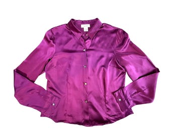 Vintage Y2K Calvin Klein Fuchsia 100% Sidenblus Damstorlek 12
