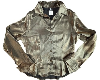 Vintage 90’s “Anxiety” Metallic Gold Iridescent Fitted Ladies Button-Down Blouse