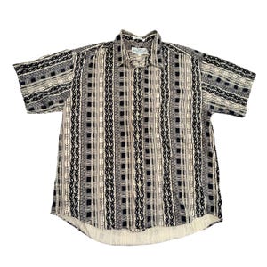 Camisa VTG de los años 80 con estampado natural para hombre, talla XL, ajustada, de algodón y rayas geométricas de manga corta
