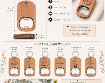 Personalized Wooden Bottle Opener Keychain, Custom Engraved Wedding Favor (Solid Wood Handle)