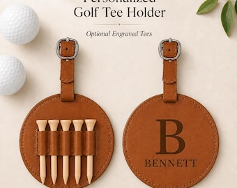 Personalized Leather Golf Tee Holder, Custom Engraved Golf Tees (2.75" Set)