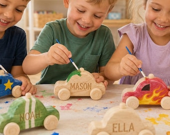 Personalized Wooden Race Car Kit, Paint & Engrave, Birthday Party Favor for Kids