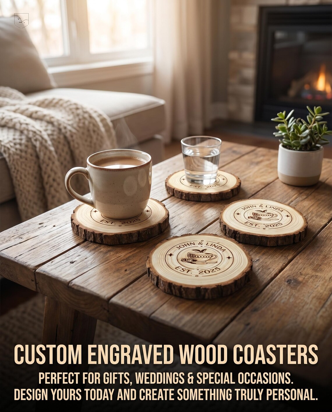 Personalized Acacia Wood Square Coasters – Custom Engraved Rustic Cabin ...