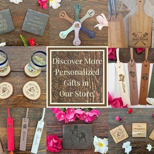May include: A collection of personalized gifts, including slate coasters, wooden coasters, bookmarks, and a cutting board. The image also features a leather wallet, drinkware, and decorative letter openers. The text in the image reads "Discover More Personalized Gifts in Our Store!"
