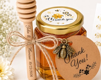 Personalized Honey Jar Wedding Favors, Laser-Engraved Wooden Dippers (1.5 oz)