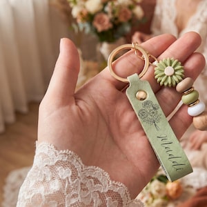 May include: A sage green leather keychain featuring a gold metal ring, a gold rivet, and a black line art floral illustration with the name Maddi printed in script. The keychain is accented with a sage green silicone flower bead and several round wooden and silicone beads in shades of sage, tan, and white.