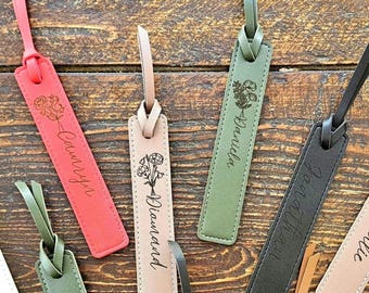 Personalized Leather Bookmark – Birth Month Flower, Laser Engraved Name