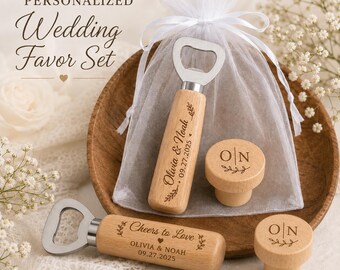 Personalized Wooden Bottle Opener & Cork Wedding Favors, Custom Engraved Guest Gifts