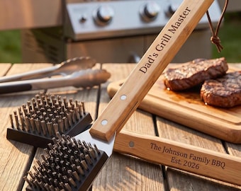 Personalized Grill Brush, Engraved BBQ Tool, Custom Wooden Handle Gift