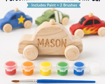 Personalized Wooden Race Car Kit, Paint, Brush, Engraved Birthday Favor