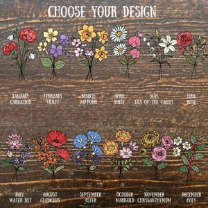 May include: A wooden background displays a selection of floral designs, each representing a month of the year. The text "CHOOSE YOUR DESIGN" is at the top. Each bouquet is labeled with the month and flower name, such as "January Carnation" and "April Daisy."
