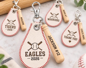 Personalized Baseball Keychain: Engraved Bat & Leather Charm (Custom Player Gift)