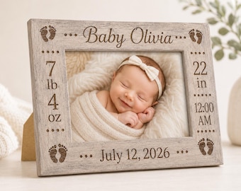 Personalized Baby Birth Announcement Frame, Engraved Keepsake, Custom Details, Nursery Decor