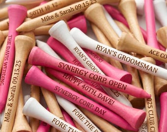 Personalized Laser Engraved Golf Tees, Custom Wood, White, Pink (2.75")