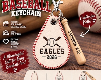 Personalized Baseball Keychain with Mini Bat, Engraved Player Name & Number