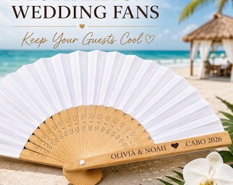 Personalized Bamboo Wedding Fans, Beach Ceremony Keepsake, Laser Engraved Design