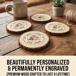 Custom Engraved Wood Slice Coasters, Rustic Wedding Favors, Home Decor, Natural Bark Circle