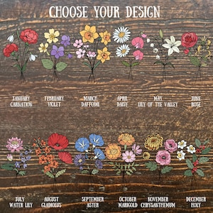 May include: Image featuring twelve floral bouquets, each representing a birth month. The bouquets include carnations, violets, daffodils, daisies, lily of the valley, roses, water lilies, gladiolus, asters, marigolds, chrysanthemums, and holly. Text at the top reads "CHOOSE YOUR DESIGN."